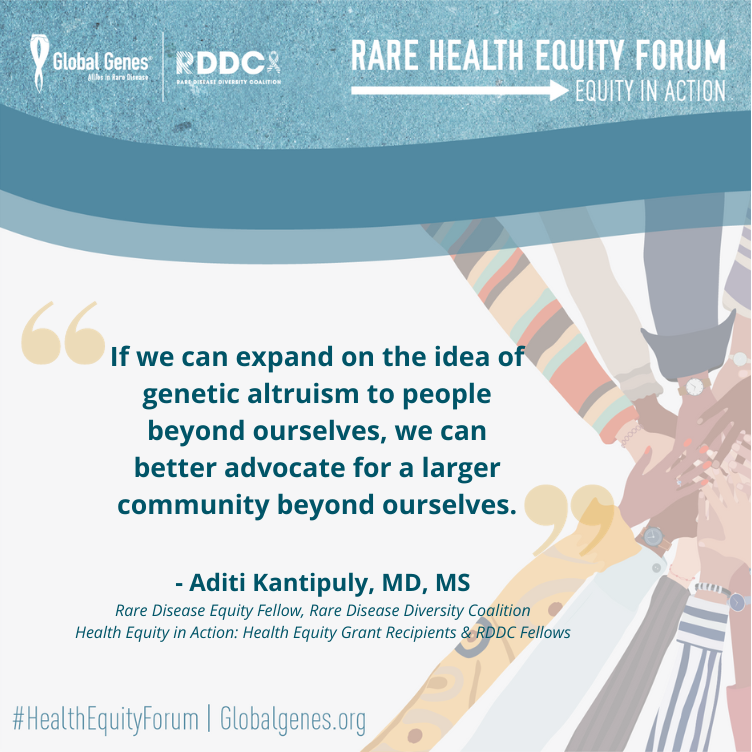 GlobalGenes's tweet photo. "If we can expand on the idea of genetic altruism to people beyond ourselves, we can better advocate for a larger community beyond ourselves." - Aditi Kantipuly, MD, MS, @blkwomenshealth
#WeekinRARE #HealthEquityForum #HealthEquityinRARE #diversityandinclusion #RDDC https://t.co/4MiuonQESH