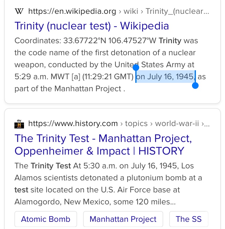 Her twitter bio also says she was born during the Trinity nuclear test as part of the Manhattan Project.
