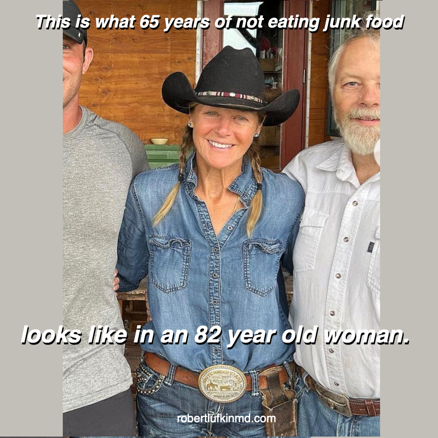 This is what 65 years of 
not eating junk food looks like..

Maggie is a rancher in Canada 
who works 14 hour days 
(in -40 degree during the winter months). 
She eats only meat &amp; drinks only water, 
and has been doing so for 65 years.
She is 82 years old.