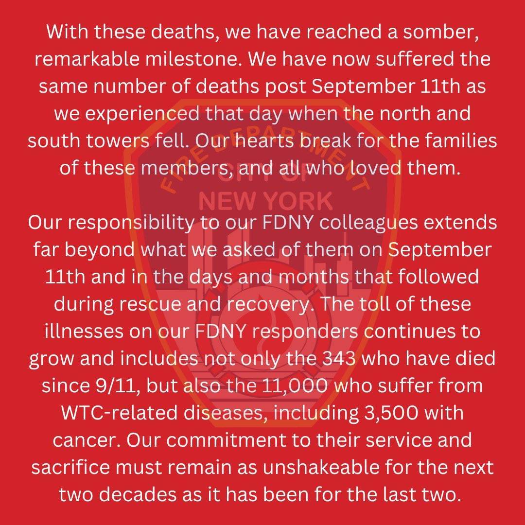 ForbushFire's tweet photo. Since marking the 22nd anniversary of the WTC attacks earlier this month we have experienced the loss of 2 more FDNY members due to WTC illnesses, our 342 and 343 deaths. With these deaths, we have now suffered the same number of deaths post Sept. 11th as we experienced that day. https://t.co/3vNEo8GN0J