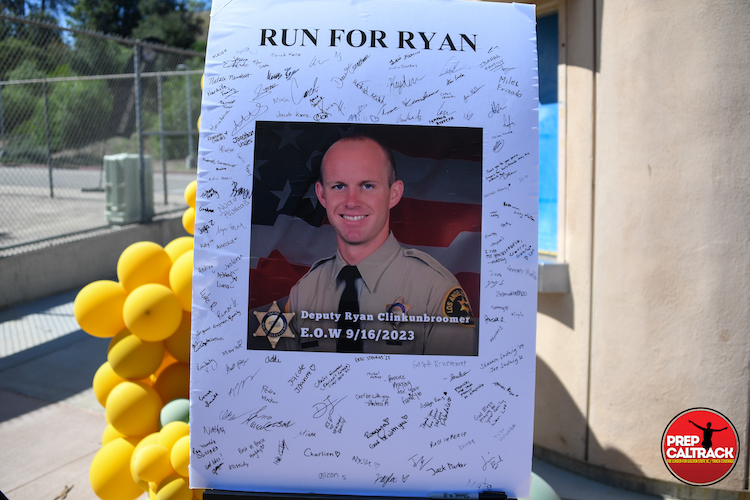 PrepCalTrack's tweet photo. PHOTOS: Emotional day as Foothill League cross country runners paid respect to recently slain Deputy Sheriff Ryan "Clink" Clinkunbroomer, @WestRanchASB Class of 2010. West Ranch's boys placed 3 runners in the top 7 to upset @CIFSS Division 2 #6-ranked Hart. 🙏🏻📸: @dylanstw__ https://t.co/HCsEjM2S2h