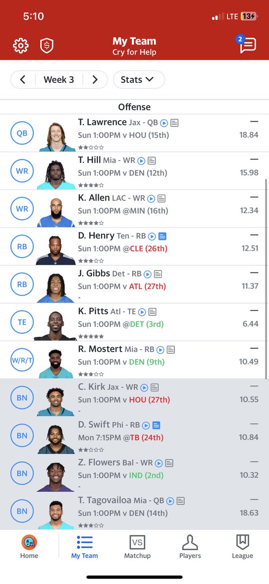 Amicc23's tweet photo. @IBNincarcerated who would you start at RB2 and flex? (I know my TE is garbage) https://t.co/tDp7KkX0Di