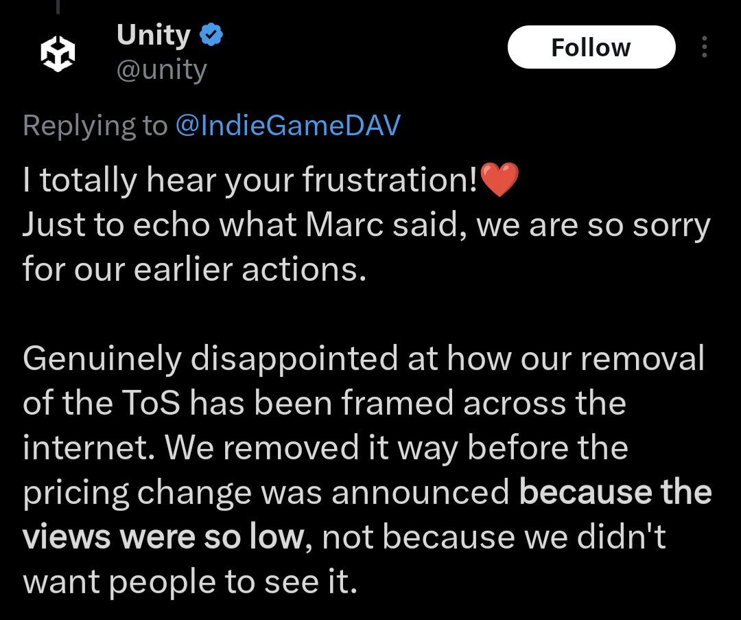 kelskye's tweet photo. To anyone that thinks @Unity is doing anything other than a PR exercise, this is what they are saying about their TOS removal 🙄 #UnityEngine

Whoever wrote this is either in massive damage control or thinks their audience are credulous idiots. https://t.co/hWUwp3yL0D