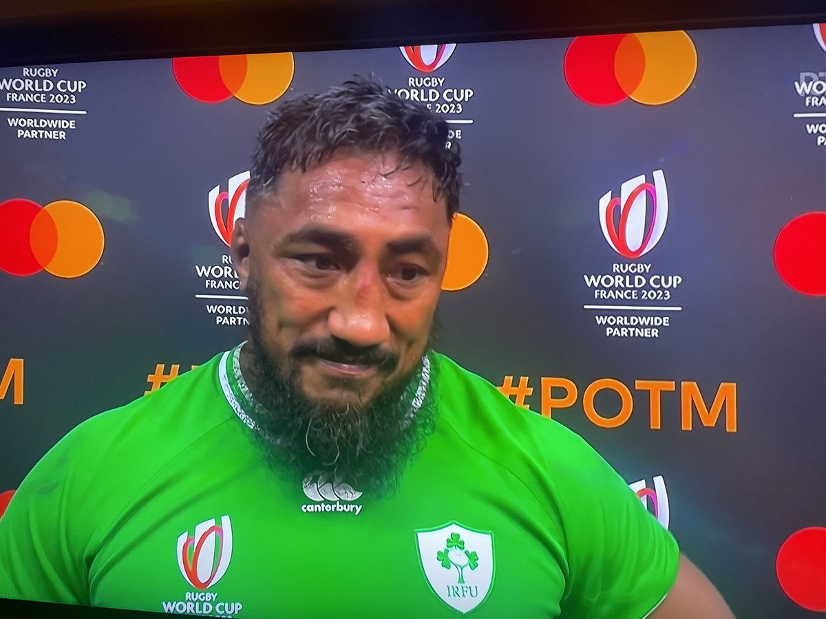 paulfmolloy's tweet photo. #Bundee #Aki on absolute fire at this #RugbyWorldCup. But absolutely LOVING his low key nature in this interview, seems like it reflects the persona of this Irish team. World No 1, just beaten the World Champs, we won’t get ahead of ourselves. @IrishRugby #RSAvIRE https://t.co/NHHiTua14I