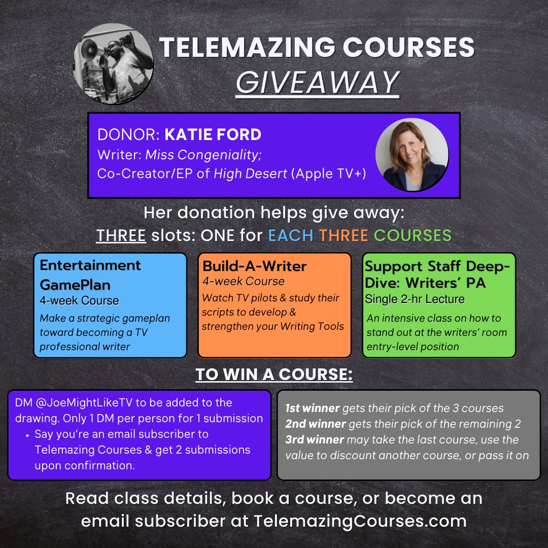Thanks to a massive donation by the incredible @meKatieFord, I’m so excited to give away 3 FREE COURSES!!! 1 slot per course.

DM me to be added to the drawing &amp; I’ll announce the 3 winners Monday @ 12p PST.

THANK YOU SO MUCH, KATIE &amp; good luck, y’all! TelemazingCourses.com
