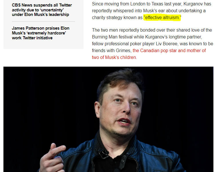 "Effective altruism" via "bio-nano-things" utilizing CRISPR. Musk’s link to Russian poker player Igor Kurganov, Ukrainian mob, Isai Scheinberg (Russian Israeli mafia). Musk had a child with Grimes.