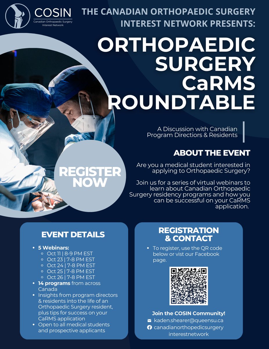 Calling all applicants to Canadian Ortho programs for #CaRMS2024!

Join COSIN's Orthopaedic Surgery CaRMS Roundtable! Residents &amp; program directors nationwide will share insights into their programs &amp; the application process.