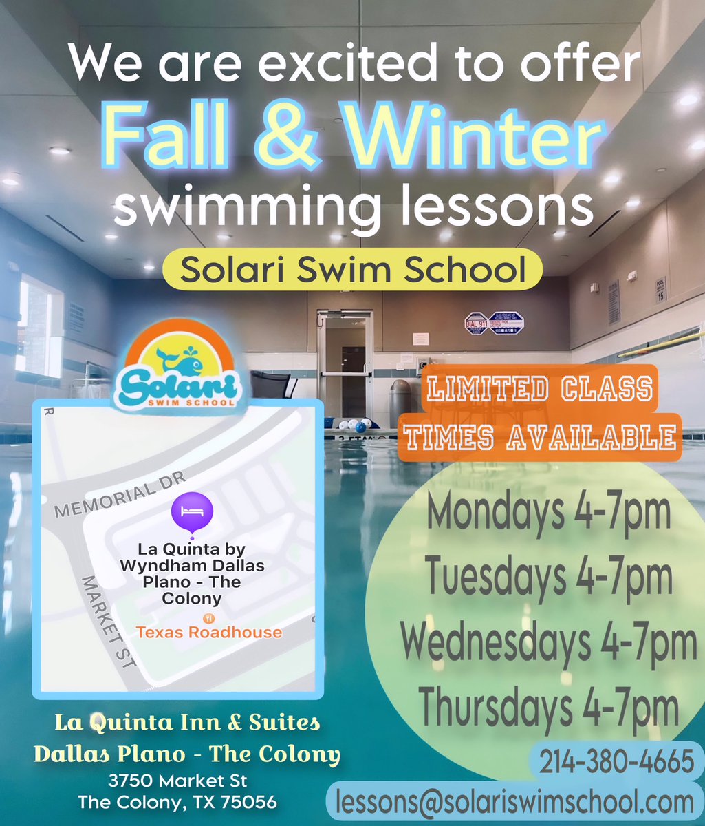 Now Enrolling Fall Swim Lessons!
-
Our sessions begin Monday, October 9th and are held inside the La Quinta Inn &amp; Suites in The Colony, behind Texas Roadhouse. 
-
We still have spots left. Check out our site for availability. Link in bio! #indoorswimlessons