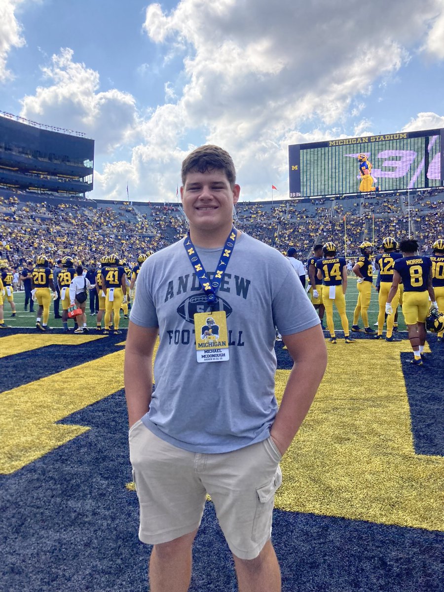 Amazing Game Day visit at 
University of Michigan!! So happy to be  invited and to get a chance to talk with OL Coach Moore!
<a href="/CoachJim4UM/">Coach Harbaugh</a>
<a href="/Coach_SMoore/">Sherrone Moore</a> 
<a href="/UMichFootball/">Michigan Football</a>
<a href="/CoachLew_66/">Adam W. Lewandowski</a>
<a href="/vjabolts/">Andrew Athletics</a> 
<a href="/EDGYTIM/">Timothy “EDGYTIM” OHalloran</a> 
<a href="/CoachBigPete/">Peter "Coach Big Pete" Leinweber</a>