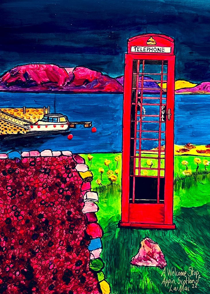 InkyplotsArt's tweet photo. This painting I was never sure of, but it’s of Appin on the West Coast of Scotland. I did an emergency stop on our Scottish adventure in Oct 2022 to capture the photograph for this painting then transported it onto canvas paper when home. Acrylics &amp; Inks. 🏴󠁧󠁢󠁳󠁣󠁴󠁿🎨 https://t.co/FoQK02E5XF