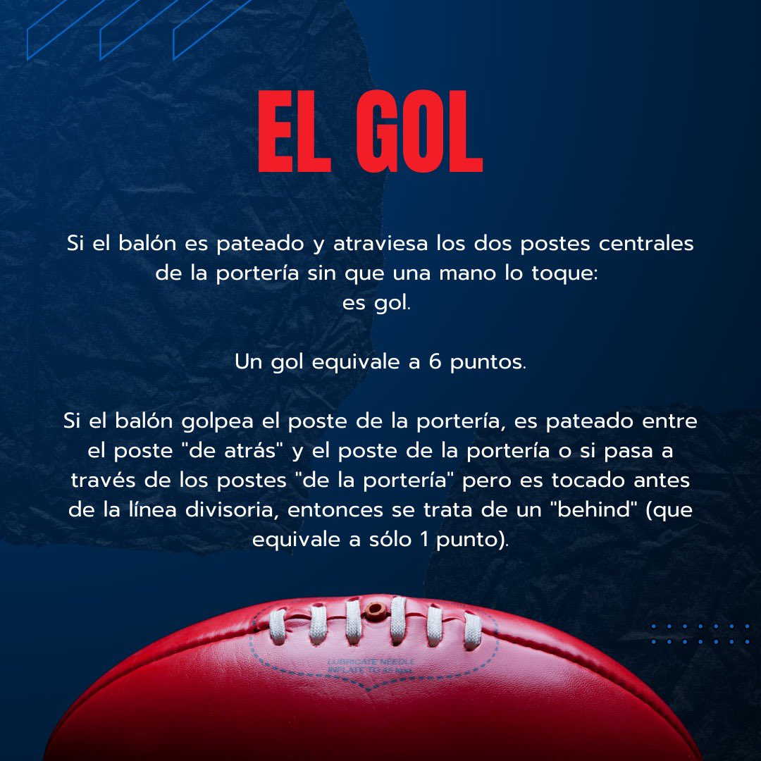 AusEmbCO's tweet photo. Para anotar gol en Aussie Rules es necesario que el balón 🏉 sea pateado y atraviese los dos postes centrales de la portería sin que ninguna mano lo toque 🫲

El gol se puede dar desde diferentes distancias y equivale a 6️⃣ puntos. https://t.co/xqYy7Xrc5d