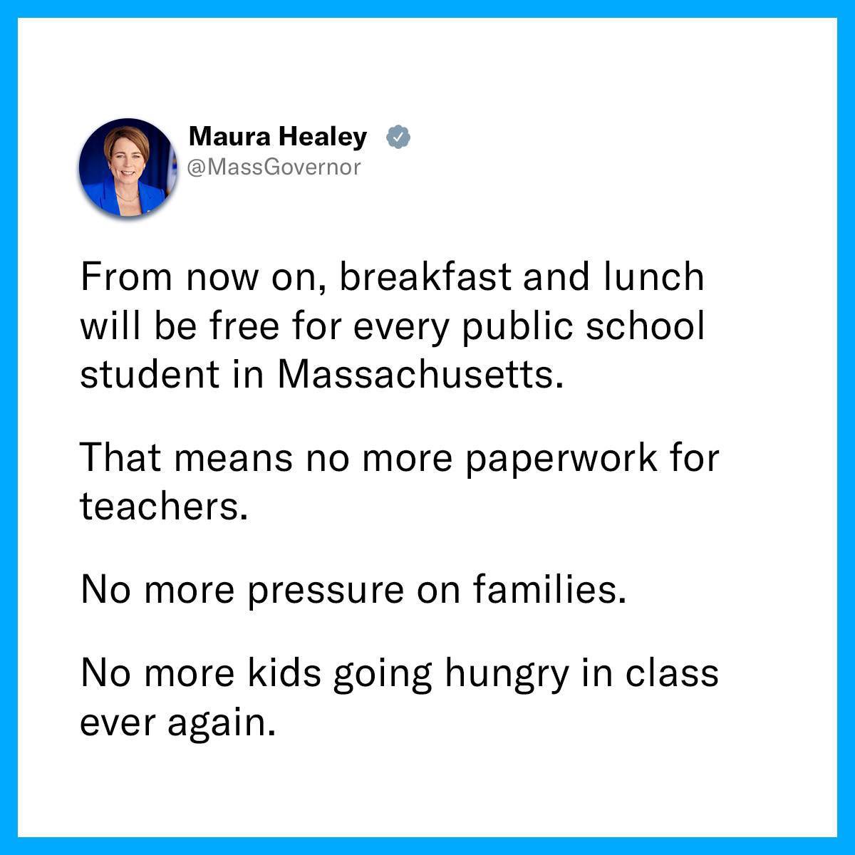 Working for the PEOPLE.  No child should go hungry.  💙💙💙🌊🌊🌊🇺🇸🇺🇸🇺🇸💯🏆
#Democrats #Massachusetts #MauraHealy #ChildHunger #SchoolLunches #VoteBlueEveryElection #FinishTheJob #BidenHarris2024