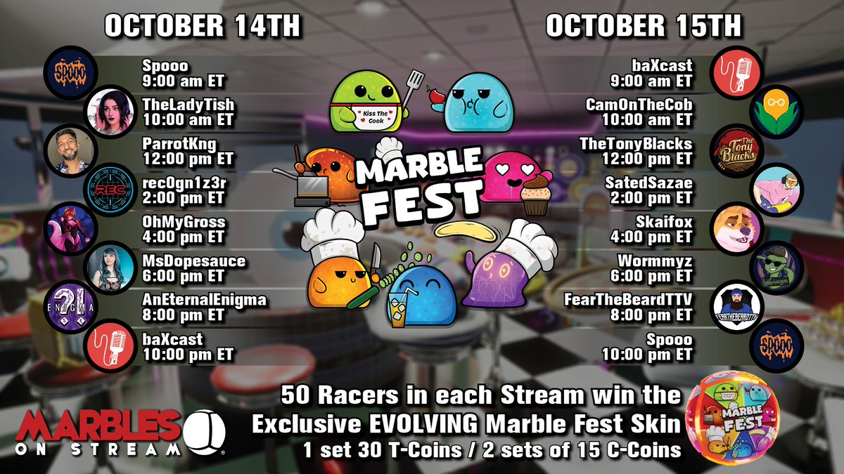 MARBLE FEST returns Saturday October 14th, 2023!

Check out this host lineup!!!

#MarblesOnStream #MarbleFest #Event