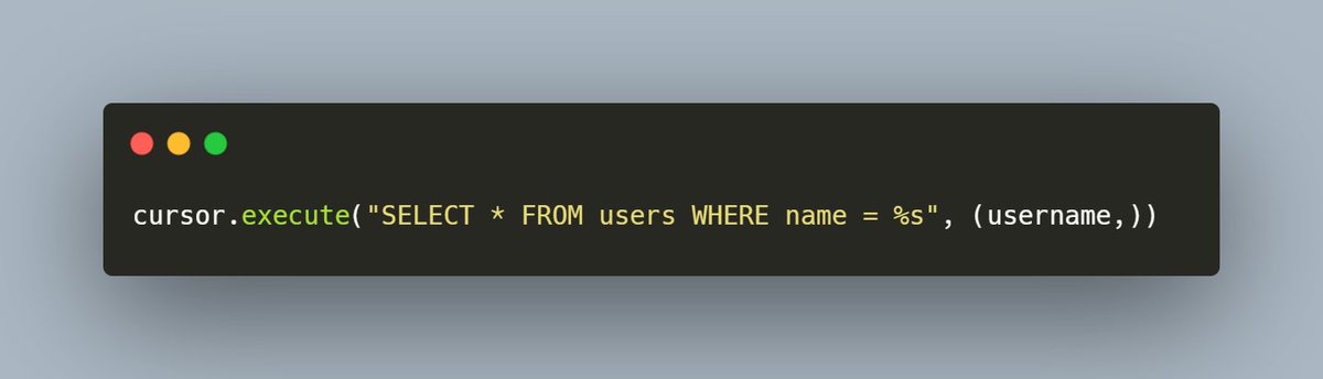 driscollis's tweet image. 🛡️ #PythonSQL Tip:
Always use parameterized queries instead of string concatenation to avoid SQL injection risks.