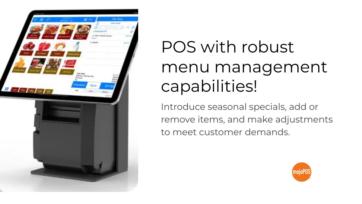 mojoyofoodbiz's tweet image. mojoPOS Dine-In and Online POS lets you easily customize and update your menu items, modifiers, and pricing. With a few simple clicks, introduce seasonal specials, add/remove items, and make adjustments to meet changing customer demands. #mojoPOS #affordablePOS #easytousePOS #pos