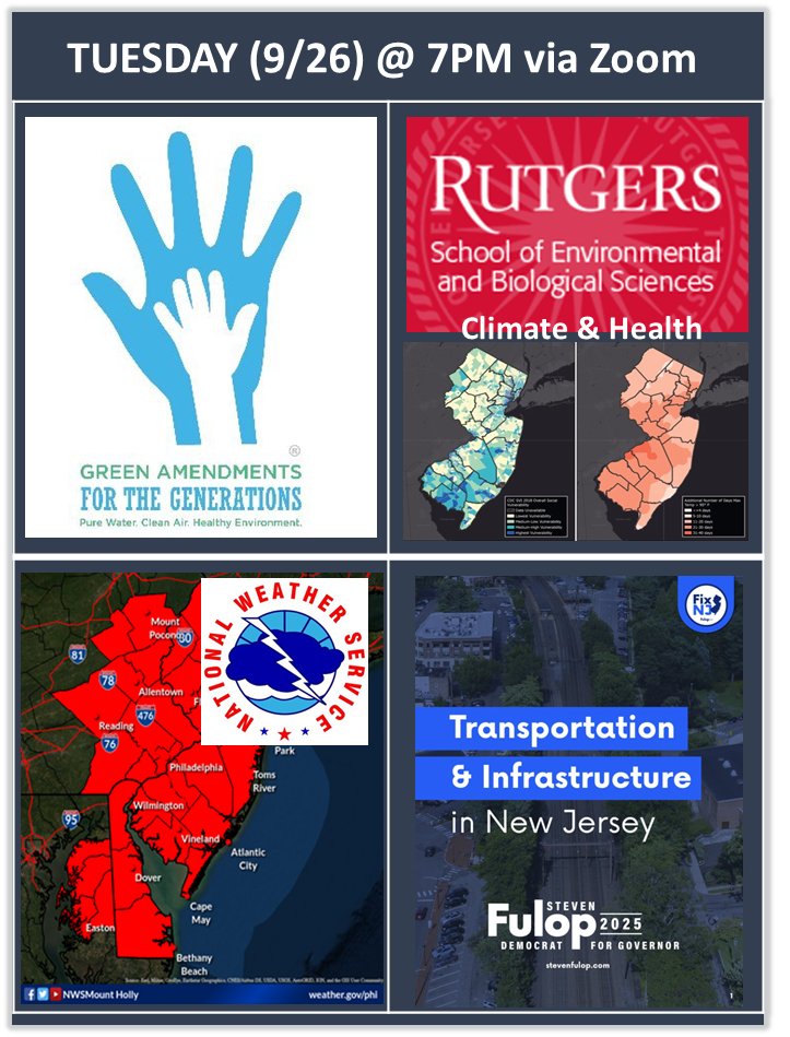 THIS TUESDAY (7PM): Join us as we talk
@GreenAmendments with @MayaKvanRossum, Transportation with Mayor @StevenFulop, Climate & Health, and how the @NWS_MountHolly keeps us safe from #severe weather. Full agenda and meeting links here: mailchi.mp/6ccfb580178b/t…