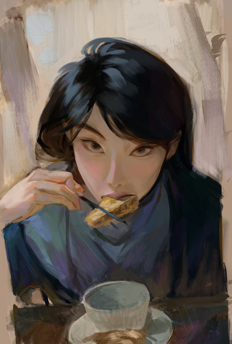 black hair solo eating looking at viewer food 1boy holding  illustration images