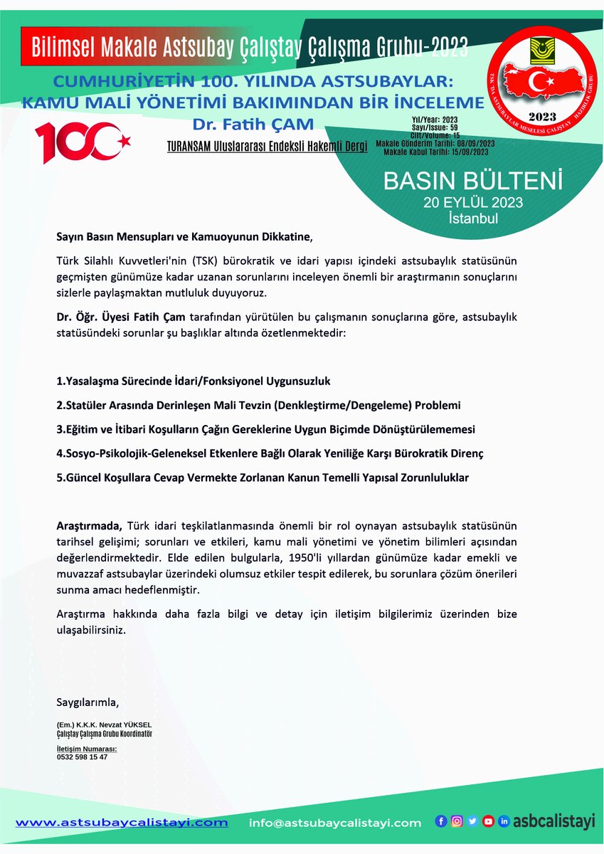 Sayın meslektaşlarımız
Cumhuriyetin 100. Yılında Astsubaylar adlı makale çalışmamız sonuçlanarak aşağıda verilen linkte sizlerin kullanımına sunulmuştur. 
Bilgisayar ve cep telefonlarınız üzerinden bu linke tıklayarak yapacağınız makalemize ulaşım sayısı sizlerin ilgi seviyesinin