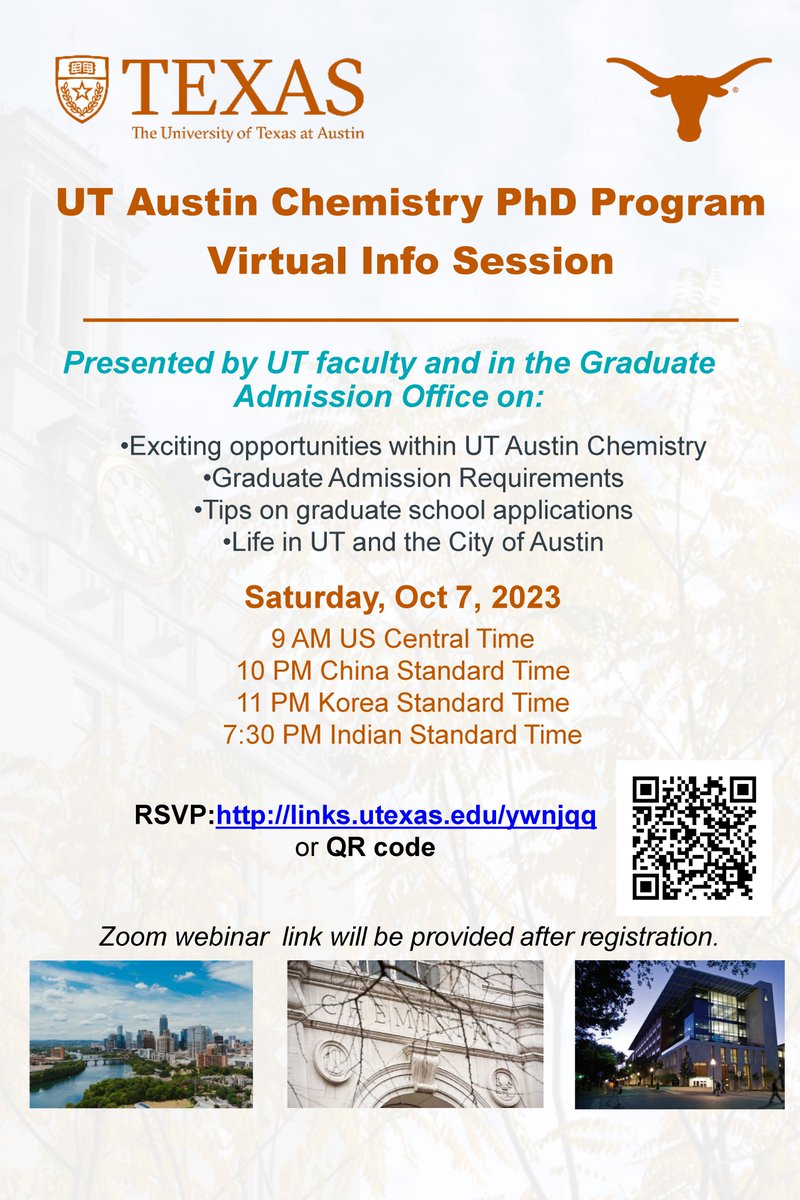 🎓 Prospective Grad Students: Join us for a virtual info session on our amazing #PhD program @UTChemistry! Check out the flyer for sign-up details. 🌍 International students, this one's especially useful for you! Please RT! Let's spread the word! #GradSchoolInfoSession