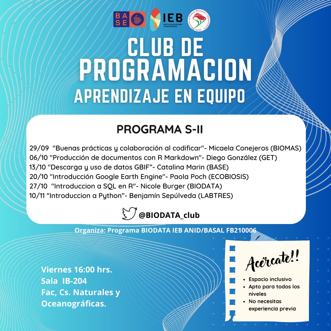 BIODATA_club (@biodata_club) on Twitter photo Volvemos con todo este semestre, partimos el 29 de septiembre con el segundo ciclo del club de programación
<a href="/IEBChile/">Instituto de Ecología y Biodiversidad - IEB</a> <a href="/MilenioBASE/">Instituto Milenio BASE</a> <a href="/SegoviaCortes/">Ricardo Segovia</a> Volvemos con todo este semestre, partimos el 29 de septiembre con el segundo ciclo del club de programación
<a href="/IEBChile/">Instituto de Ecología y Biodiversidad - IEB</a> <a href="/MilenioBASE/">Instituto Milenio BASE</a> <a href="/SegoviaCortes/">Ricardo Segovia</a>