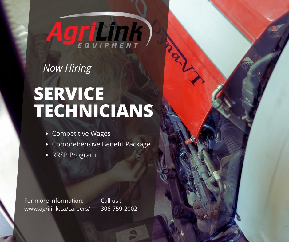 Come grow with us! AgriLink Equipment is hiring Service Technicians to perform diagnostics, service repairs, and maintenance on agricultural equipment at our new our new Moose Jaw location.  See the full job posting at agrilink.ca/careers/