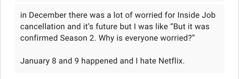 IJstruggles's tweet photo. The night it got cancelled I was literally complaining to my cousin about how there’s always a cancellation scare almost every month… then it rlly happened… ✨ 
#insidejob #saveinsidejob #renewinsidejob https://t.co/pwHHpVD2LB