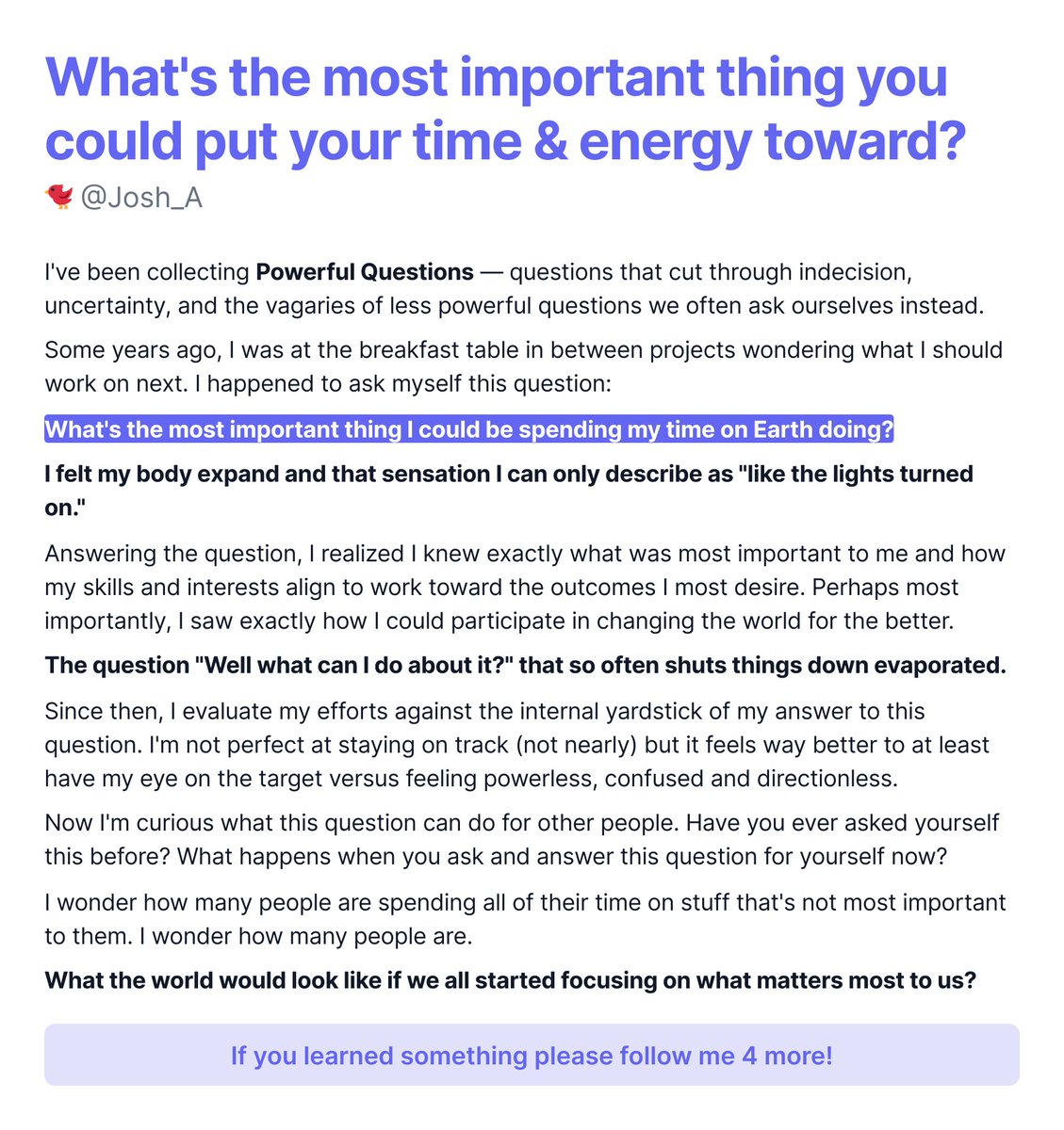 What's the most important thing you could put your time &amp; energy toward?

Have you ever asked yourself this question? What happens when you do?

#powerfulquestions #changework #systemichange #morebeautifulworld