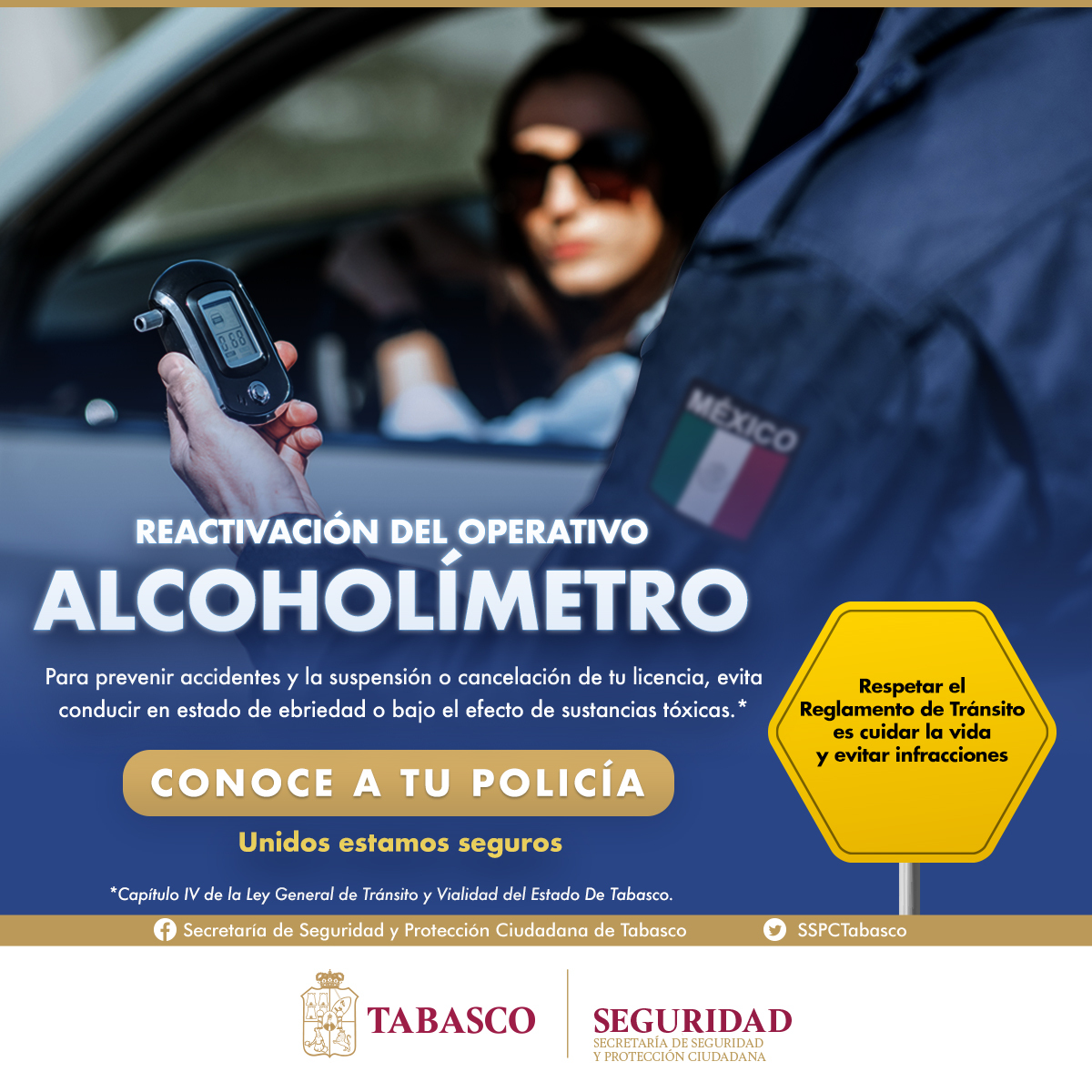 Gobdetabasco's tweet photo. 🥃 Por tu seguridad y la de todos, la Secretaría de Seguridad y Protección Ciudadana de Tabasco realiza periódicamente operativos de alcoholímetro, con el objetivo de prevenir accidentes y fomentar una mejor cultura vial.

#UnidosEstamosSeguros https://t.co/F3j0Q8Vuve