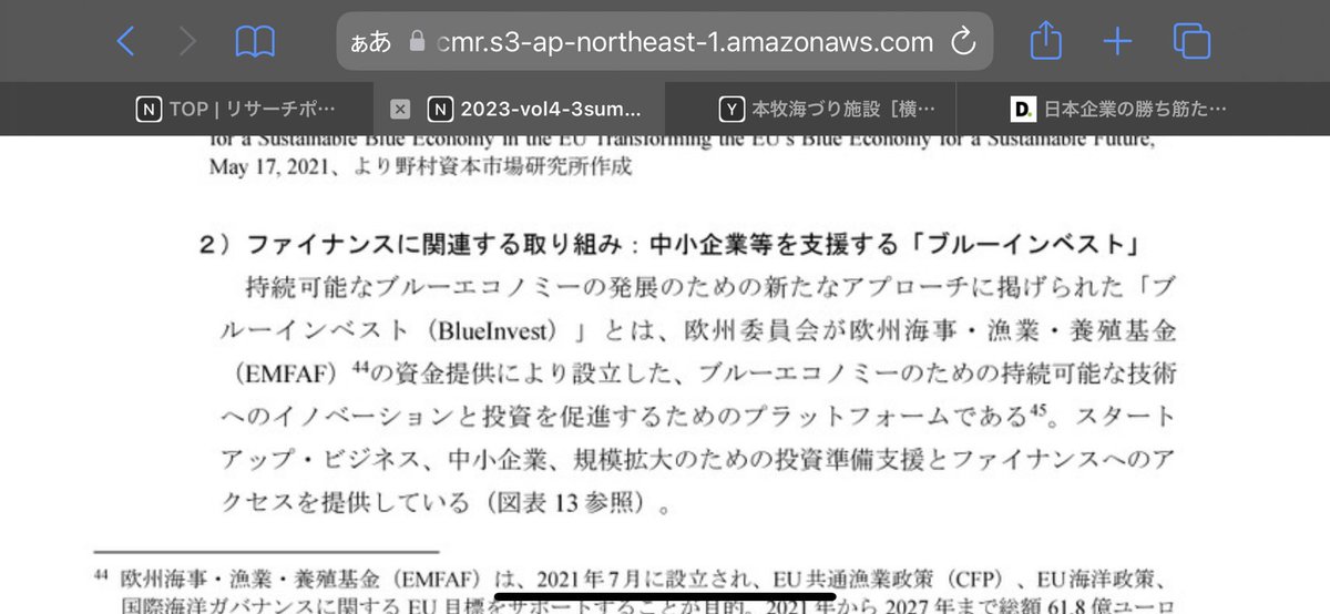 野村、国家・地域戦略としてのブルーエコノミーの展開。

日本の勝ち筋は、海洋国家である地の利を十分に生かすべく、①ブルーファイナンスの推進、②中小企業やスタートアップの支援、に集約。
欧州ではBlueInvestというプロジェクトで起業家と投資家のコミュニティができていることもあり進んでいる