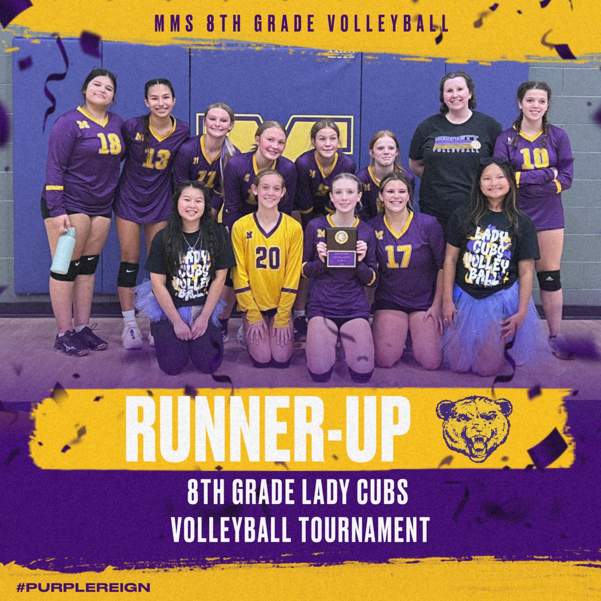 Congratulations to our 8th graders on their second place finish in our home tournament. They only lost 2 out of 11 sets all day!

Also, huge shout out to our fans for helping keep us hyped all day!