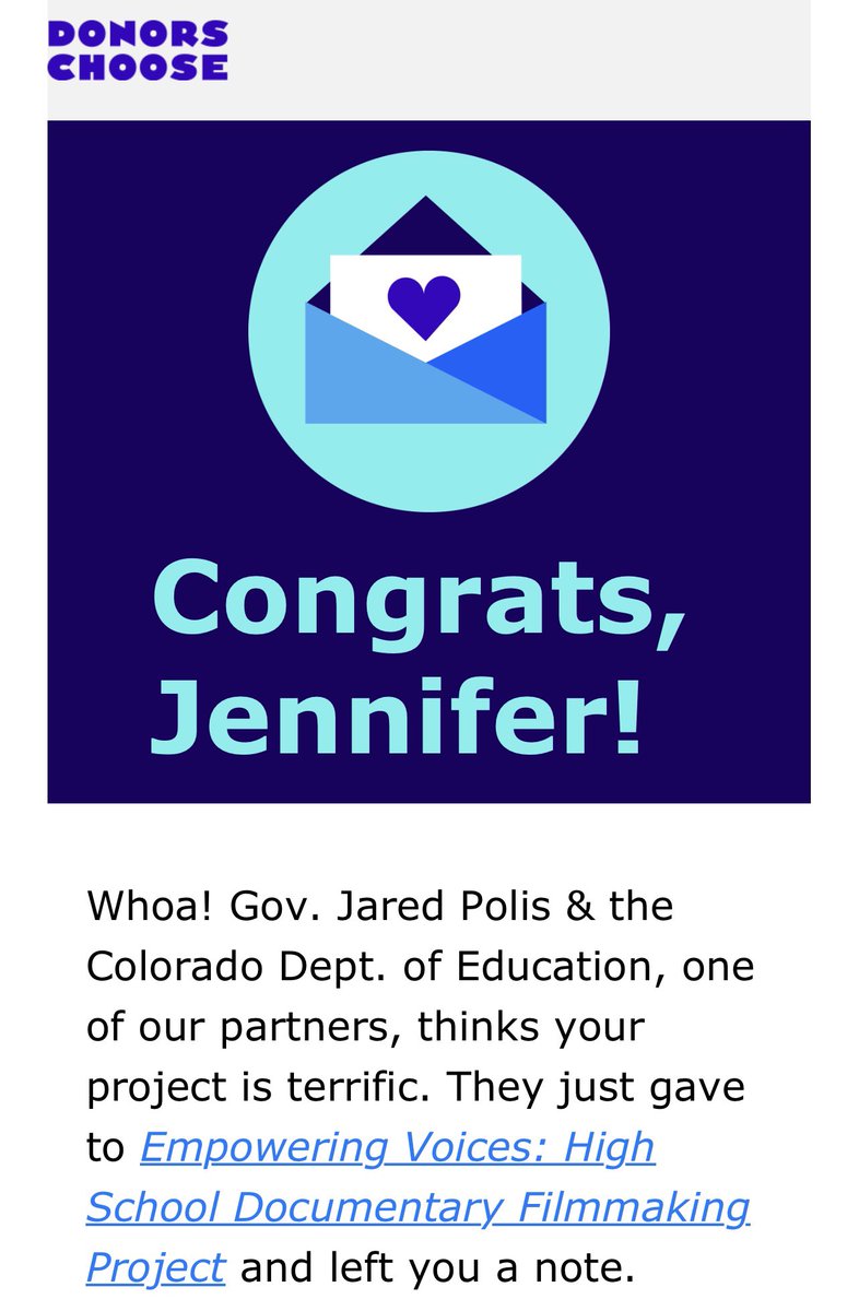 JenLammey's tweet photo. Whoo hoo! My documentary filmmaking project got funded through the donors choose grant from the state of Colorado. I can’t wait for students to use our new camera. When students have access to professional equipment they get so inspired to make amazing things! https://t.co/5e1DN6eAEJ