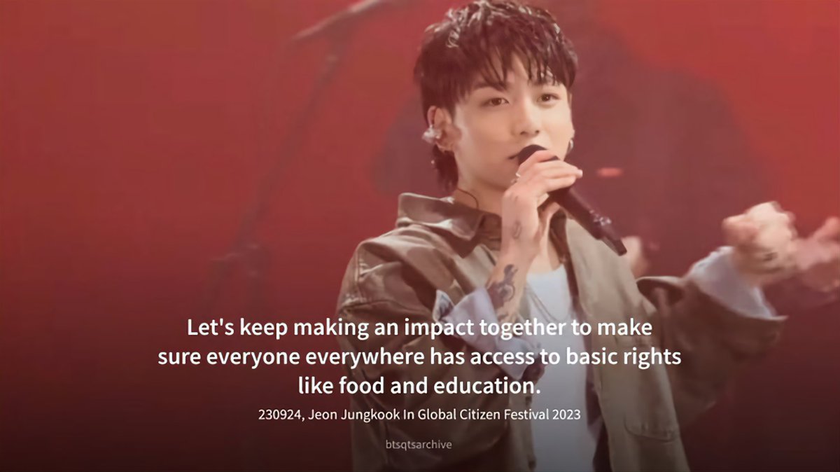 BTSDailyChile's tweet photo. #JungKookOnGlobalCitizen

"Sigamos trabajando juntos para asegurarnos de que todos, en todas partes tengan acceso a derechos básicos como la comida y la educación."

© btsqtsarchive https://t.co/CsIpwPHZ4H