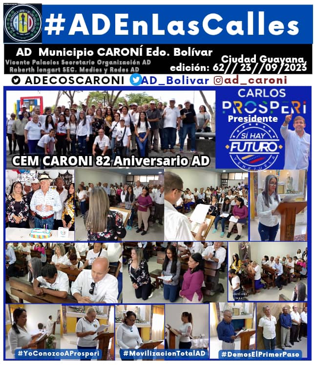 ADECOSCARONI's tweet photo. #23DeSeptiembre Adecos de #Caroni @AD_Bolivar conmemoramos nuestro 82 aniversario con ofrenda, misa y una torta, Todos motivados y llenos de entusiasmo con @prospericarlos nuestro candidato. 
#DemosElPrimerPaso 
@FreddyValera_AD 
@aidagonzalez33 
@vicepalacios https://t.co/ZWWWleSZSP