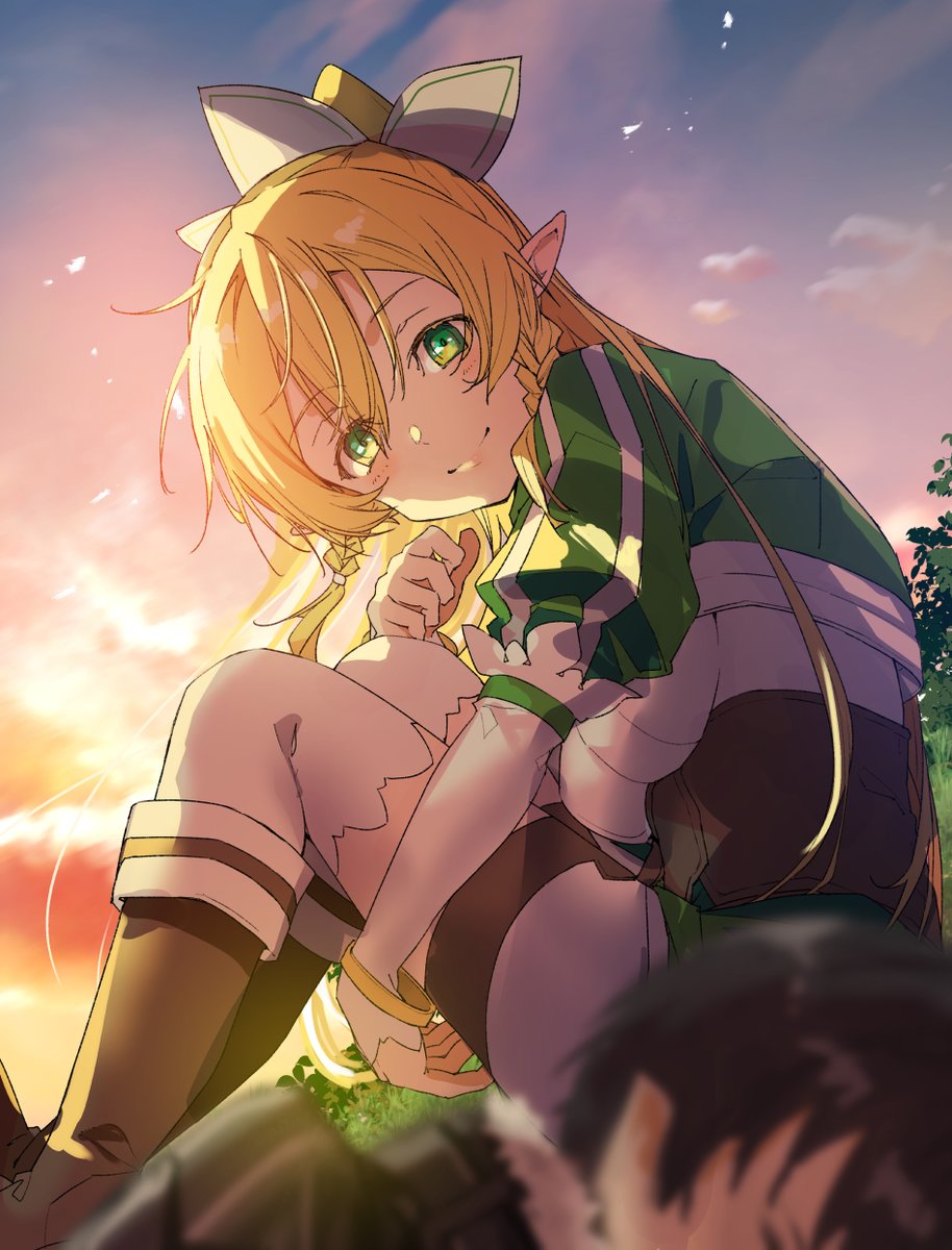 kirito ,leafa 1girl blonde hair green eyes long hair pointy ears 1boy smile  illustration images