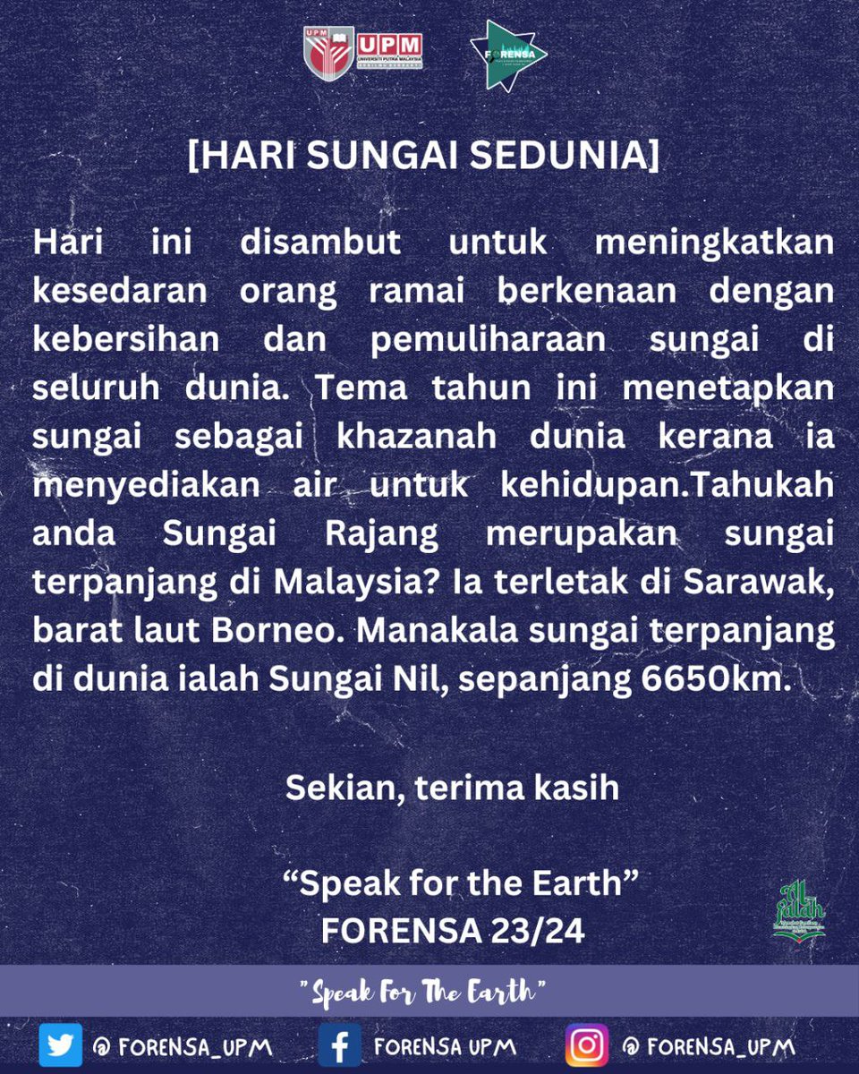 Forensc_upm's tweet photo. [HARI SUNGAI SEDUNIA]

Ikuti berita dan maklumat hebahan FORENSA di:

Instagram: https://t.co/ewpJadTuaH
Facebook: https://t.co/l1UhDQsxjT
Twitter: https://t.co/6uL6s9kZ64

#forensaupm
#fhasupm
#weloveupm https://t.co/7PFp3bcw5a