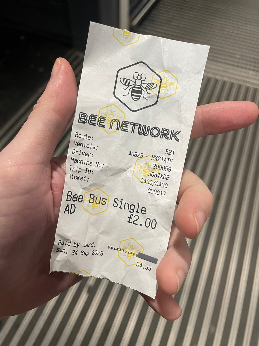 This is the very first franchised bus service ticket in Greater Manchester in 36 years - the first in the official launch of the @BeeNetwork, sold at 4.33am. A little leaf of history 🚌