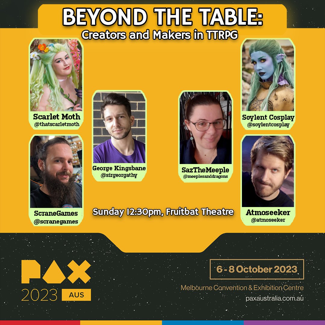 Are you headed to #PAXAus this year? Interested in the creatives within the TTRPG sphere who work on things beyond the games themselves? Come see our panel 'Beyond the Table: Creators and Makers in TTRPG', 12:30pm Sunday 8th in the Fruitbat Theatre!