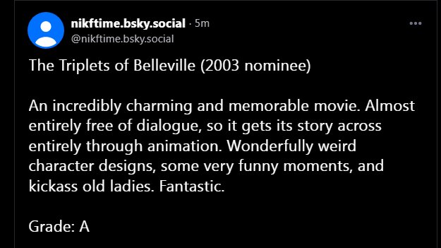 NikFTime's tweet photo. This website sucks, follow me elsewhere.

Triplets of Belleville does not suck. Watch it some time. https://t.co/8PeYOQsEdr