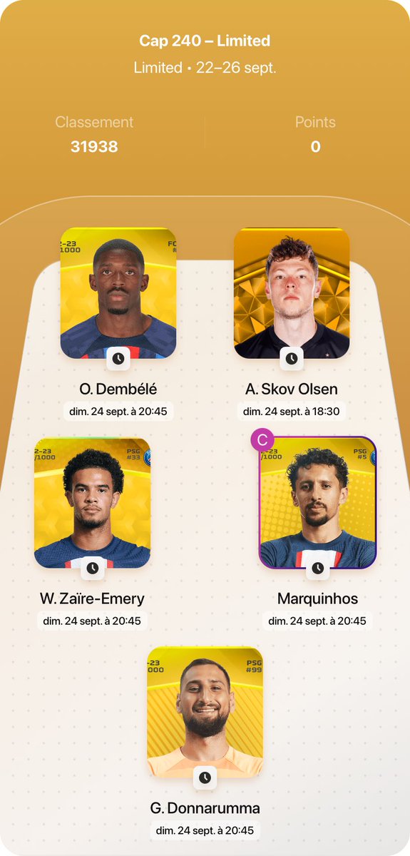 Soraretime11's tweet image. 🎁CONCOURS🎁

Si cette équipe fait 400 points minimum 📈

Je fais gagner un joueur titulaire d’un club des 5 grands championnats à une personne qui RT ce tweet ♻️🔥 ! 

( RT avant le 24/09/2023 18h30 )

#sorare #soraregiveaway #giveaway