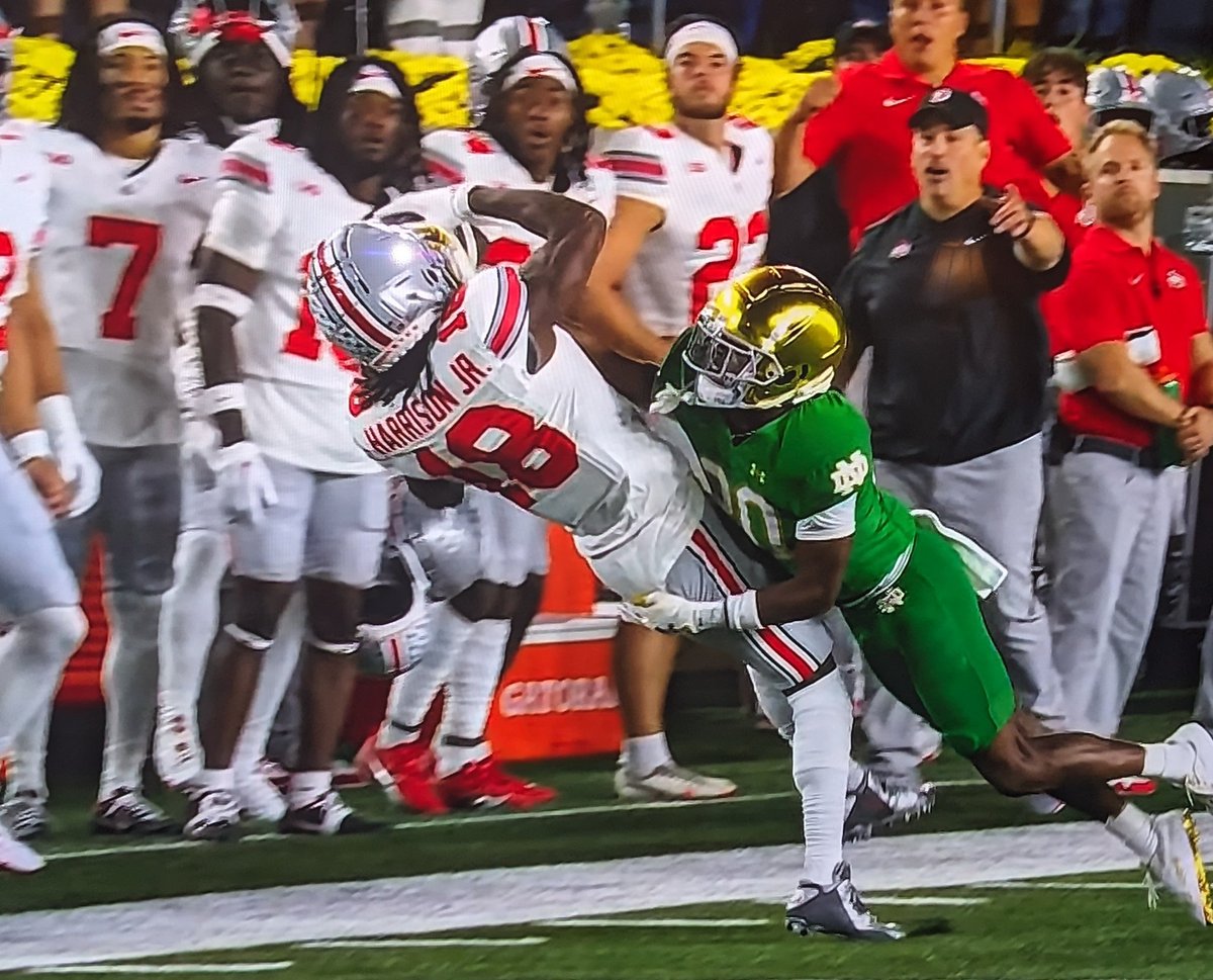 BadgerStew's tweet photo. Hey @NBCSports, I am no Ohio State fan, but Marvin Harrison Jr. got robbed of a fantastic catch. 

While your announcers and officiating "expert" were jabbering on about his hand, no one bothered to look at his foot. https://t.co/OwIWPuPYZZ