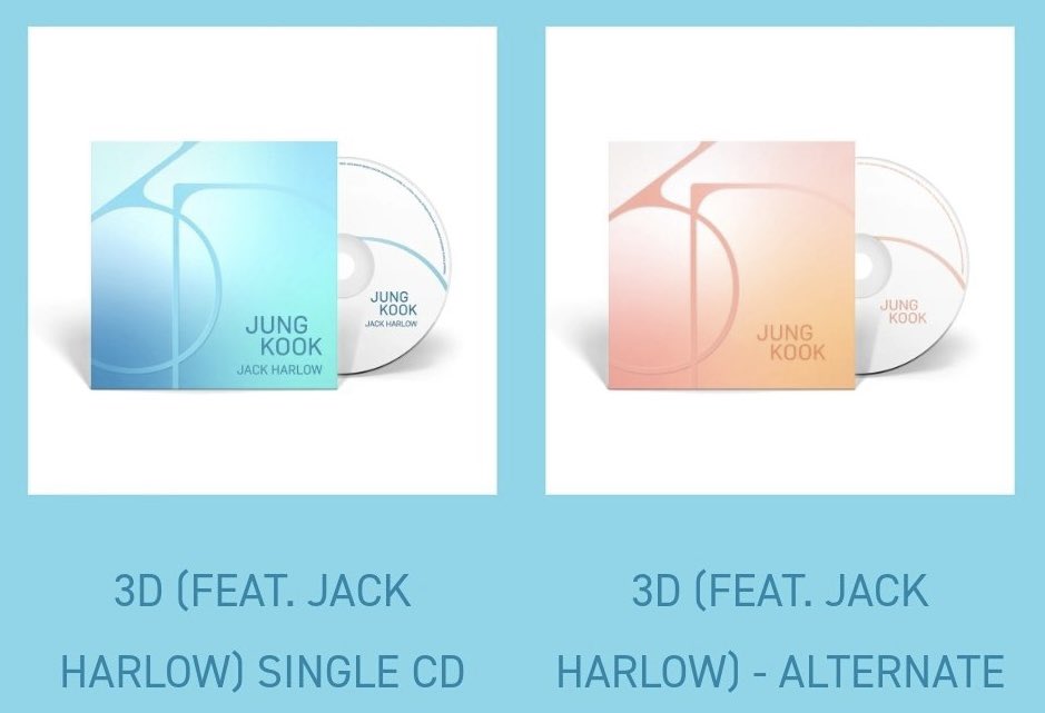 PRE-ORDER

wts / lfb • ph go

Jungkook ‘3D’ (Feat Jack Harlow) CD Single

Php 480 each
Php 850 set (orig + alternate)

Only available in US

💰Price + pf + isf + lsf
DOP: 50 ea dp, bal Oct 28
Under FETA (isf to be followed)

Reply “Mine + ver + qty” or dm me