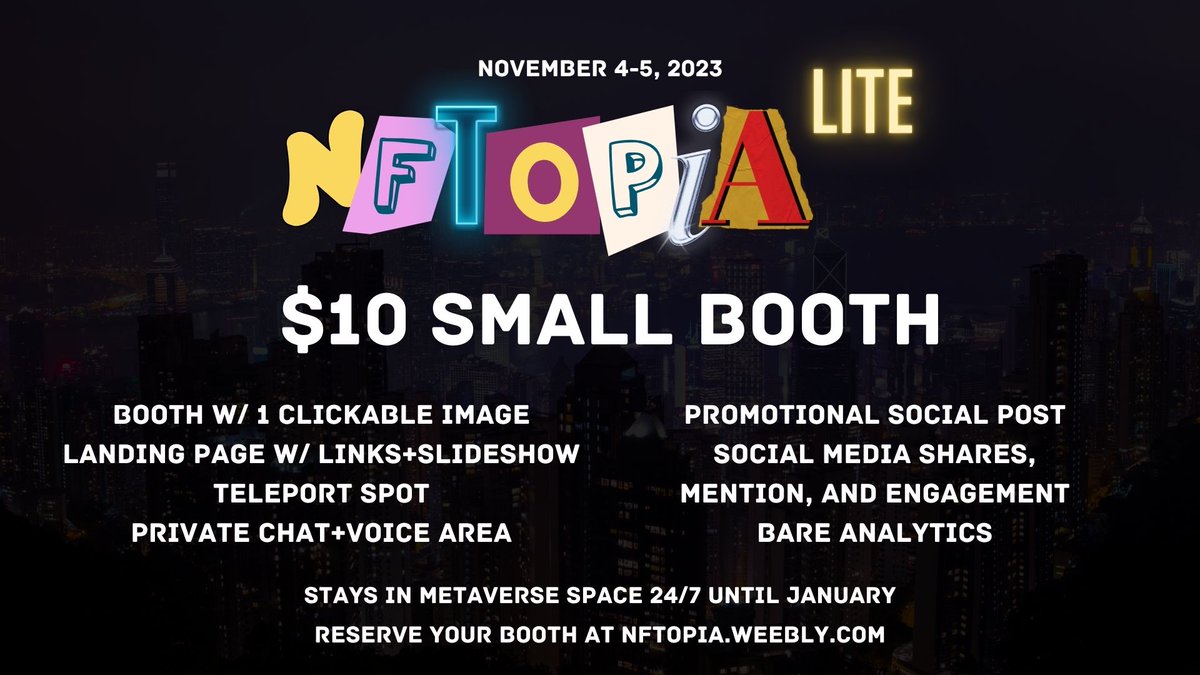 ✨NFTOPIA Lite is coming November 4th-5th! 
This will be a smaller version of <a href="/thenftopia/">NFTOPIA Metaverse Convention & Spaces</a> convention with all the same fun, housing 28 total booths and 2 days packed full of live events and activities - held entirely online and free to attend! 🎉

We will be using the <a href="/frame_vr/">FRAME</a>