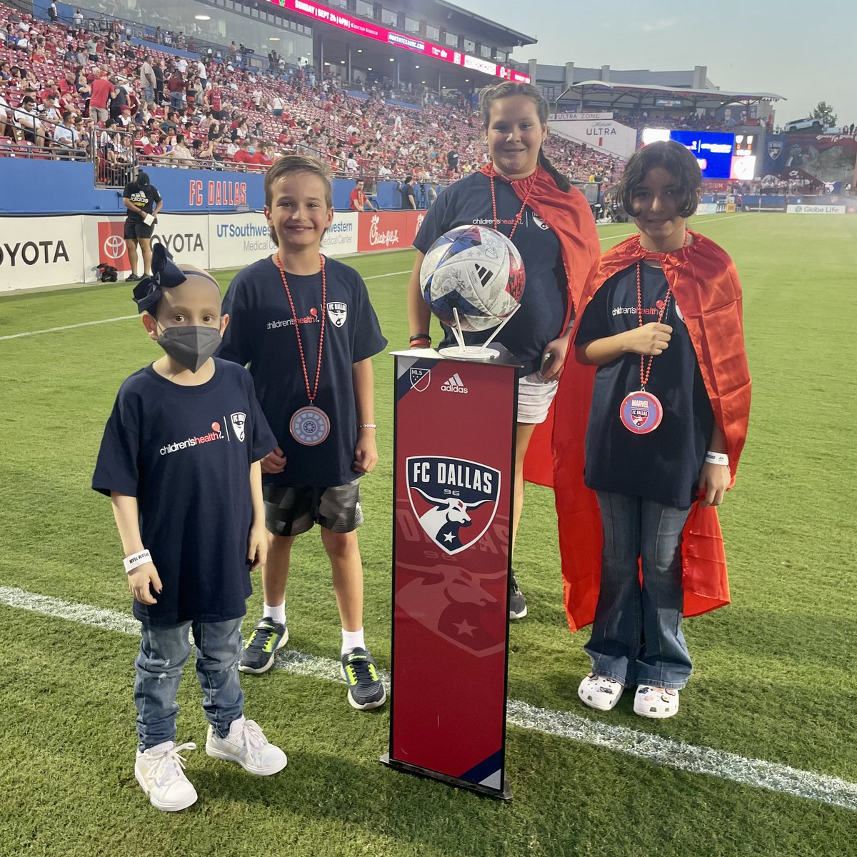 In honor of our Kick Childhood Cancer match, tonight’s Honorary Captains of the Match pres. by <a href="/childrens/">Children's Health</a> are Children’s Health patients Easton, Ameiry, Yulainyela and Maddison!