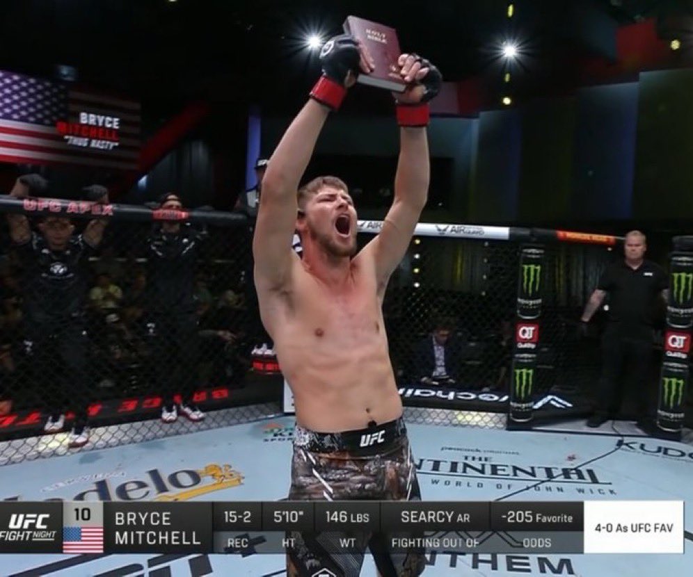 MMAUNCENSORED1's tweet photo. Bryce Mitchell shares his faith in his Octagon celebration. 

After his #UFCVegas79 unanimous decision win over Dan Ige at the UFC Apex in Nevada “Thug Nasty” read scripture and prayed on his knees with his opponent. 

Should the UFC allow this type of celebration ? 

#UFC #Faith #BryceMitchell