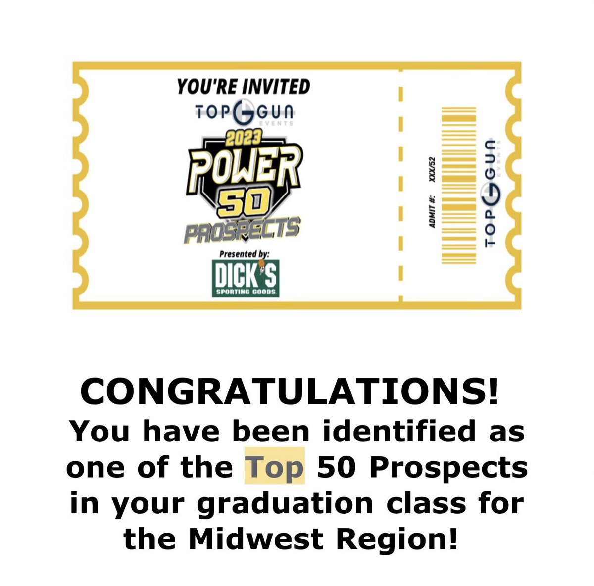 Got my golden ticket!
Excited and honored to be invited to attend the Top Gun Power 50 Prospects camp in Nov. <a href="/NEGoldDeMontel/">Nebraska Gold 16U</a> <a href="/TopGunEvents/">Top Gun Events</a>