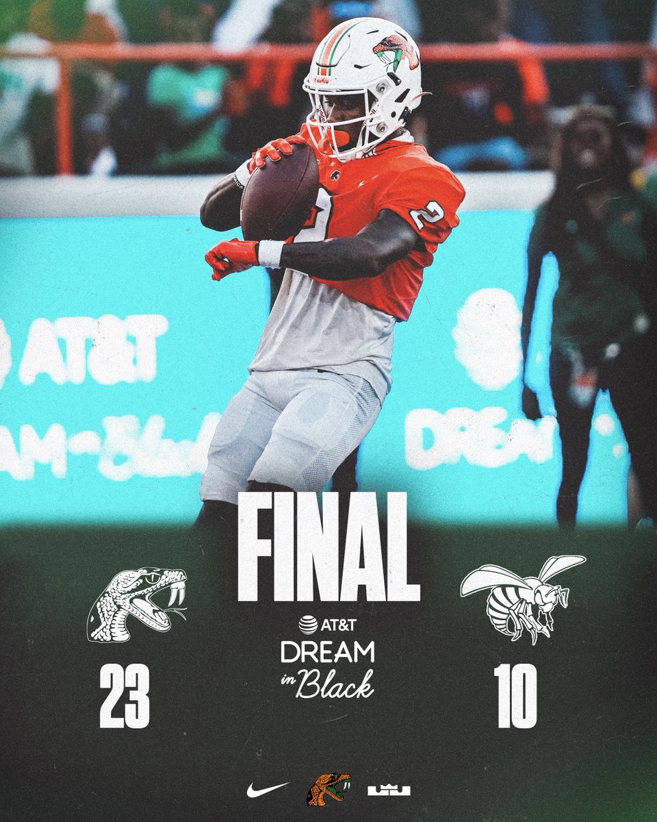 𝗧𝗛𝗔𝗧 𝗦𝗧𝗜𝗡𝗚𝗦!

Rattlers win their 17th straight game in Bragg.

FAMU - 23
ASU - 10

#FAMU | #Rattlers | #OurTime