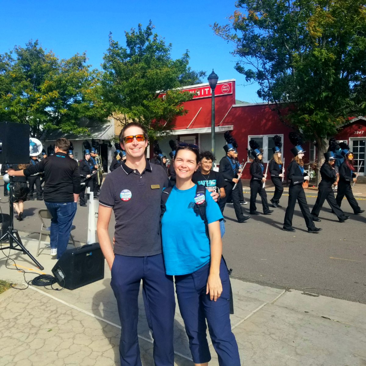 Tim4Westy's tweet photo. Had a great time at the @Westy_Wolves #homecoming parade! Can you guess what these two former #bandkids played when they were in marching band? https://t.co/U88J1hPeaz