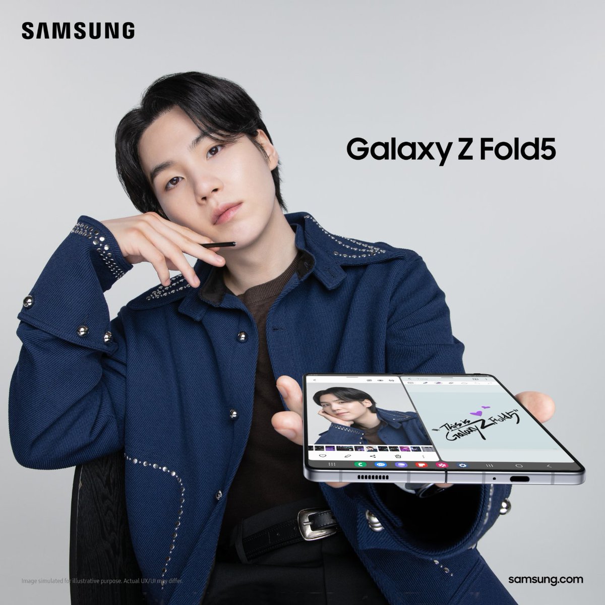SamsungMobileUS's tweet photo. This is #SUGA of @BTS_twt 💜 This is #GalaxyZFold5. This is Galaxy! #GalaxyxSUGA #GalaxyZFold5 

#JoinTheFlipSide

Buy now: https://t.co/6Mnn5CxG9a https://t.co/Yu39PyCvo3