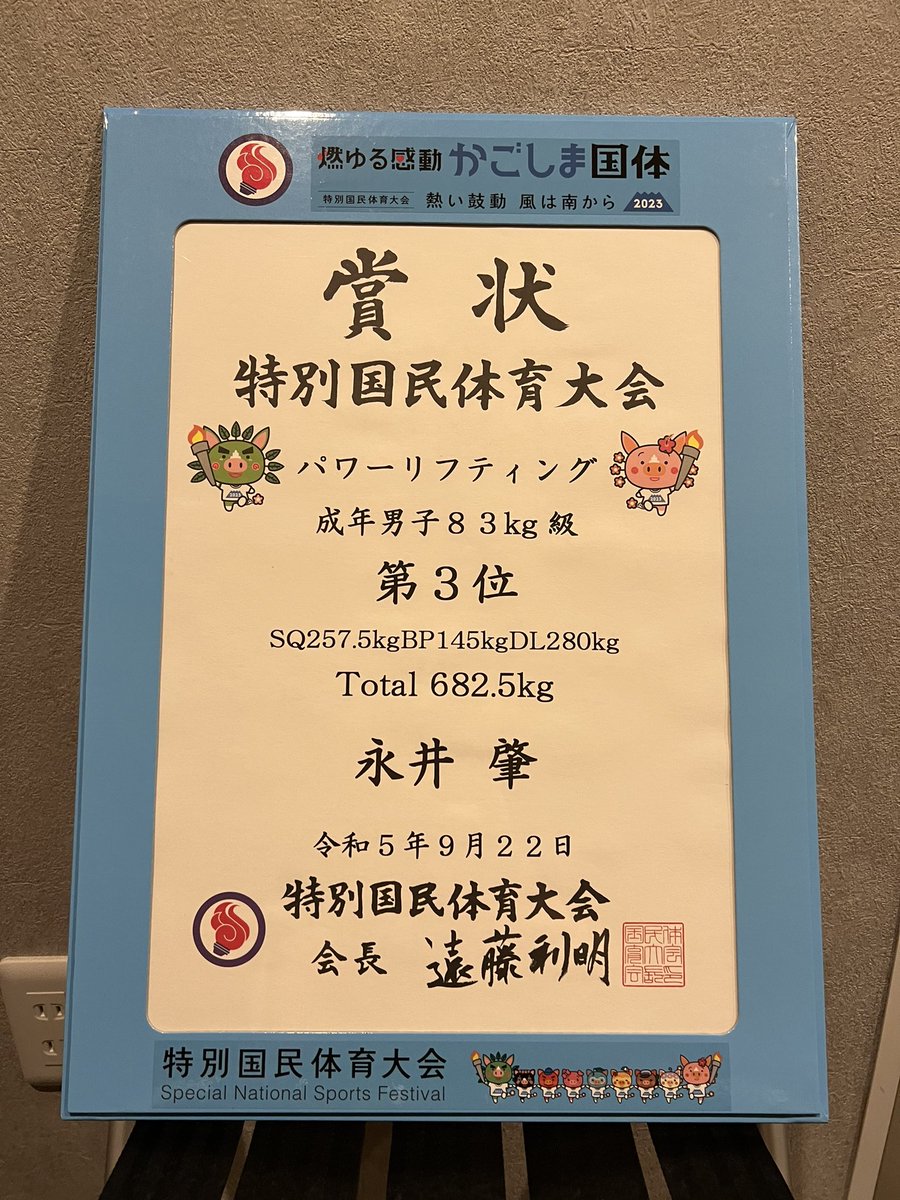 鹿児島国体　結果

SQ240kg⭕️252.5kg⭕️257.5kg⭕️+2.5BP135kg⭕️140kg⭕️145kg⭕️(±0)
DL270kg⭕️280kg❌280kg⭕️(±0)

total682.5kg(+2.5) 3位🥉

セコンドに付いてくれた菊地さん、サポートしてくれた塩谷さんありがとうございました！大会運営、審判、補助員の皆様もありがとうございました！