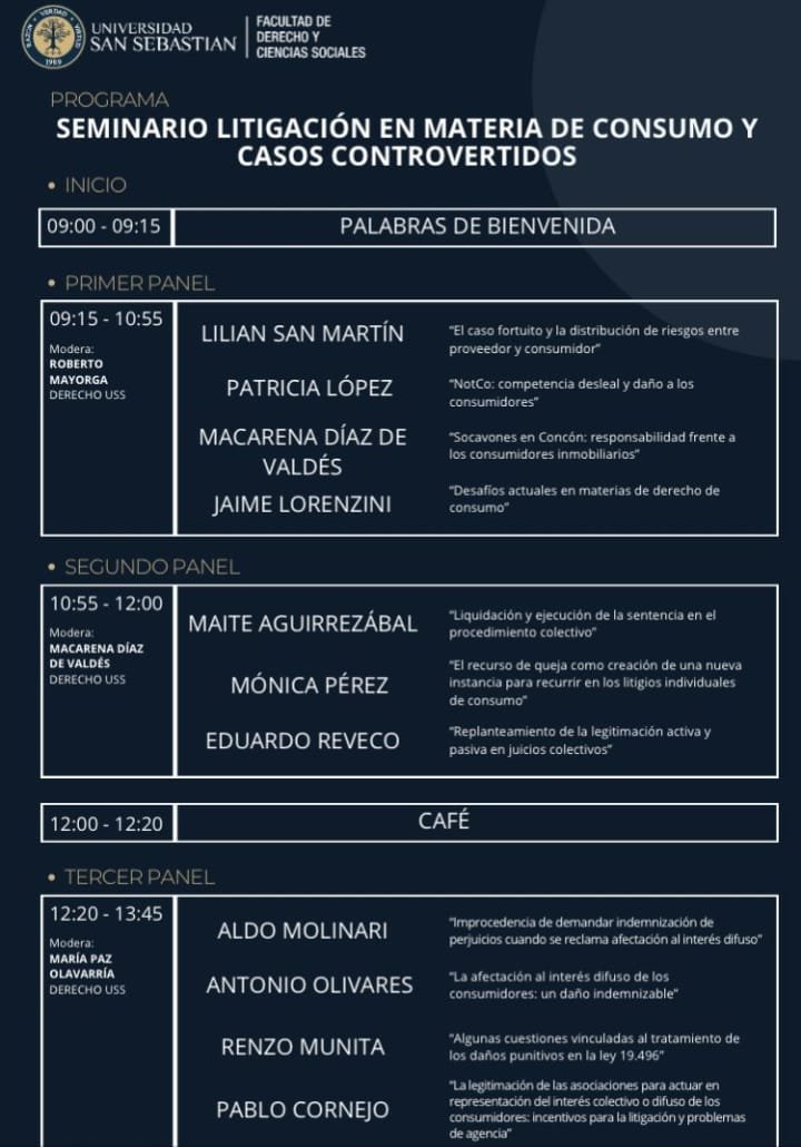 Por fin está el programa del seminario "Litigación en materia de consumo y casos controvertidos" que se realizará este jueves 28 de septiembre entre 9:00 y 14:00 hrs en la Facultad de Derecho de la USS. Anímense!

Pueden inscribirse en el siguiente link: lnkd.in/eN2CfN2Y